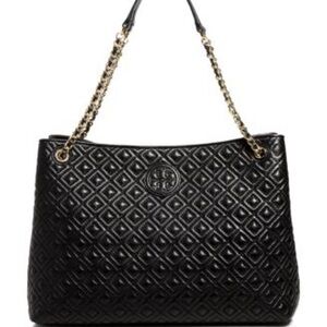 Tory Burch Marion Black Diamond Quilted Leather Tote Bag